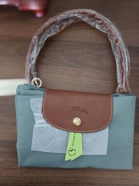 Longchamp Light Teal Tote with Brown Leather Trim